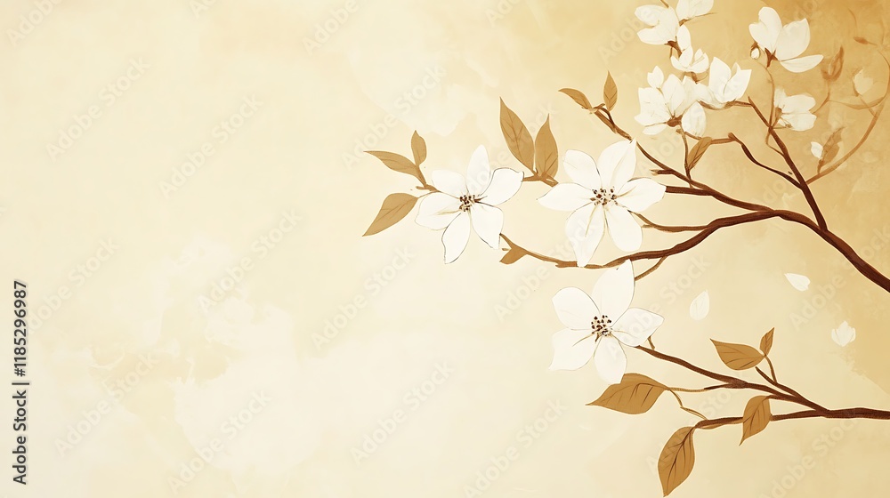 Delicate White Blossoms Branching Out Against a Beige Background Delicate White Blossoms Branching Out Against a Beige Background