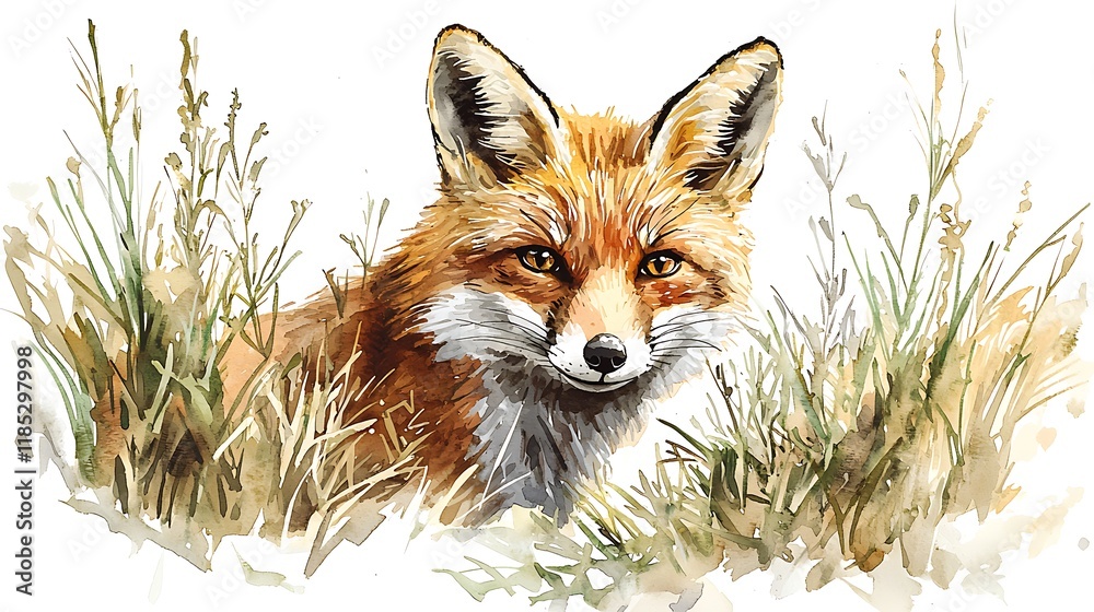 Obraz premium Watercolor Painting of a Red Fox Peeking from Tall Grass.