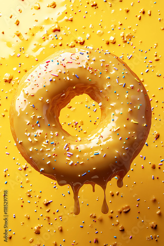 A glazed donut with colorful sprinkles on a bright yellow background.