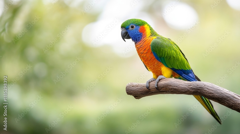Colorful Parrot Perched on Branch in Natural Environment with Soft Bokeh Background Featuring Vibrant Feathers and Bright Colors Ideal for Wildlife Photography Colorful Parrot Perched on Branch in Natural Environment with Soft Bokeh Background Featuring Vibrant Feathers and Bright Colors Ideal for Wildlife Photography