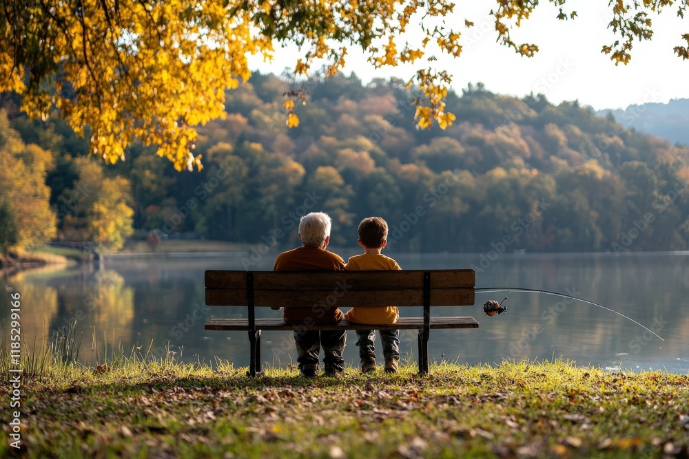 Elderly caucasian man and young caucasian boy fishing by a scenic lake in autumn Elderly caucasian man and young caucasian boy fishing by a scenic lake in autumn