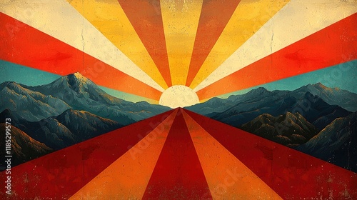 Sun Rays over Majestic Mountains: A Retro Landscape Illustration
