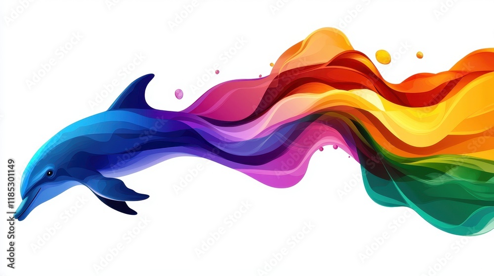 Fototapeta premium A vibrant, colorful illustration of a dolphin flowing through a spectrum of rainbow waves, symbolizing joy and creativity.