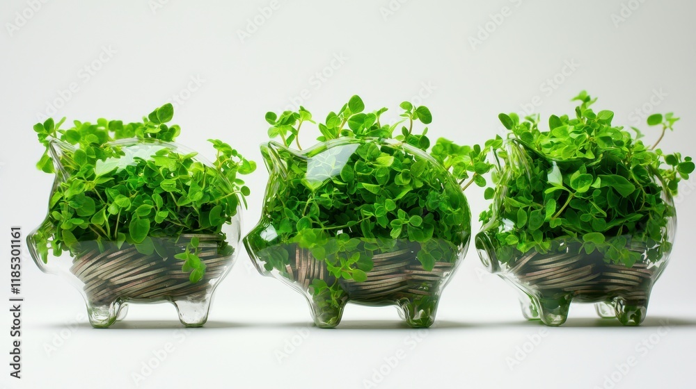 Three piggy banks made of transparent material filled with vibrant green plants, symbolizing a blend of finance and nature. Three piggy banks made of transparent material filled with vibrant green plants, symbolizing a blend of finance and nature.