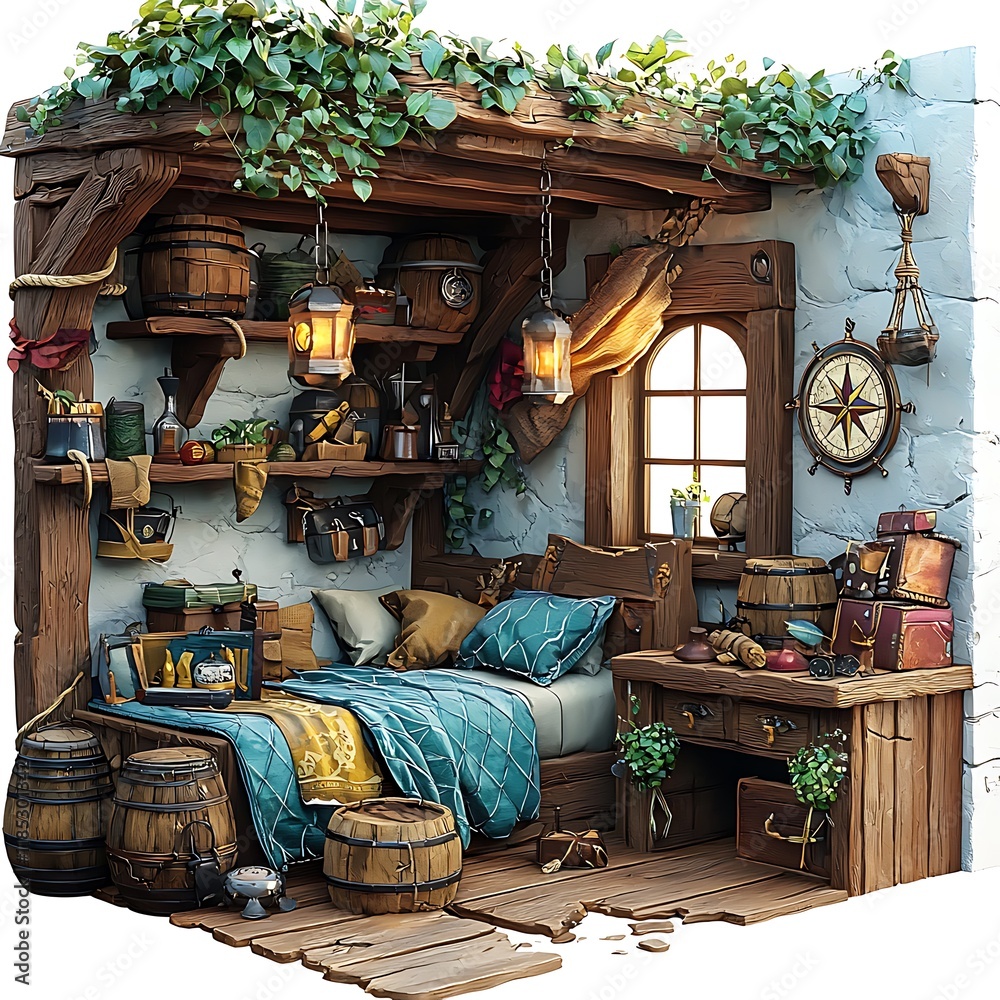 Cozy Rustic Cabin Room 3D Render of a Charming Wooden Room with a Bed, Desk, and Nautical Accents. Cozy Rustic Cabin Room 3D Render of a Charming Wooden Room with a Bed, Desk, and Nautical Accents.