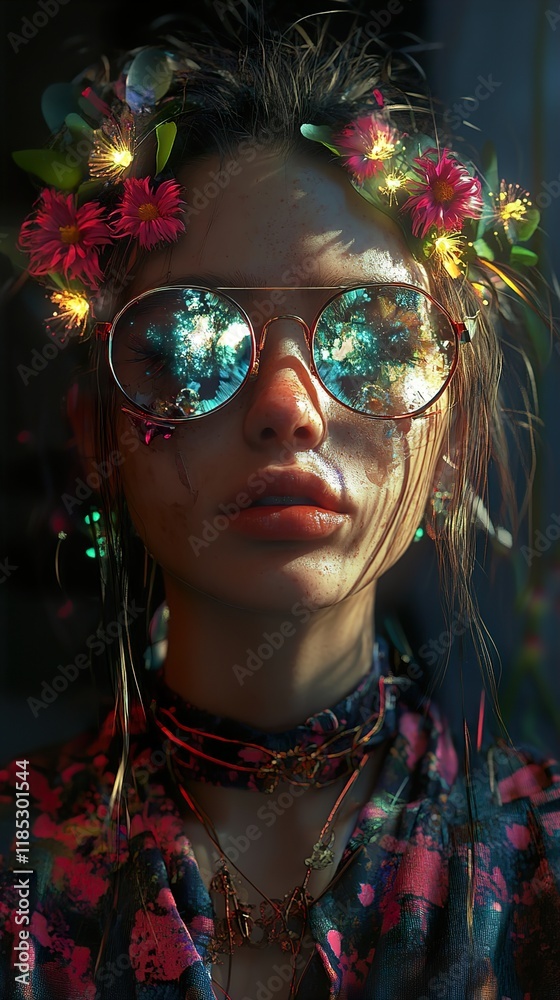 Obraz premium Cyberpunk Woman with Floral Crown and Sunglasses