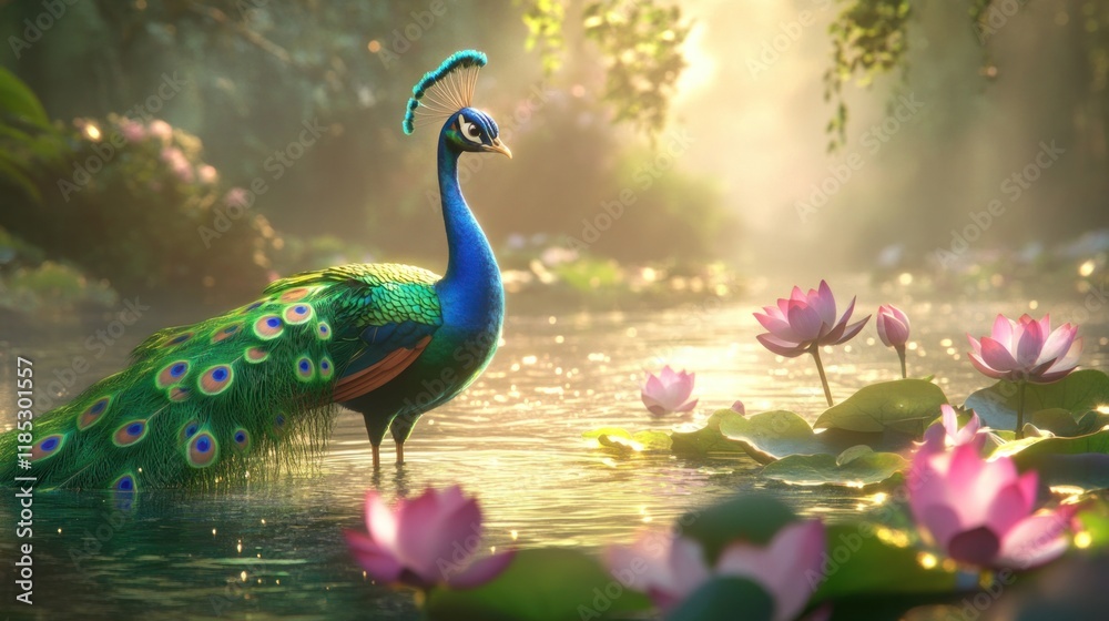 Majestic peacock wading in a serene lotus pond at sunrise. Majestic peacock wading in a serene lotus pond at sunrise.