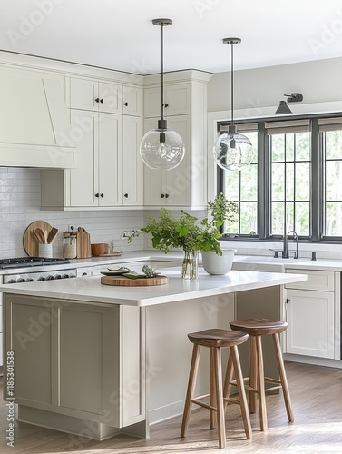 Modern Kitchen Island with White Cabinets and Glass Pendants