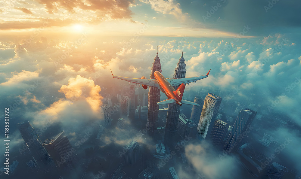 Naklejka premium Airplane landing, city sunrise, cloudscape, travel