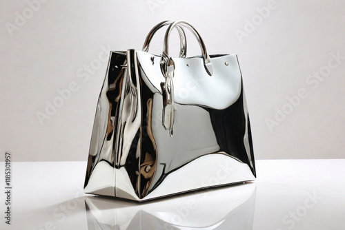A bag with a smooth, mirrored surface that reflects your surroundings, blending seamlessly with your environment.with whitebackground
