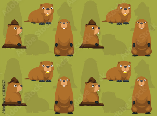 Groundhog Marmot Cartoon Character Green Seamless Wallpaper Background