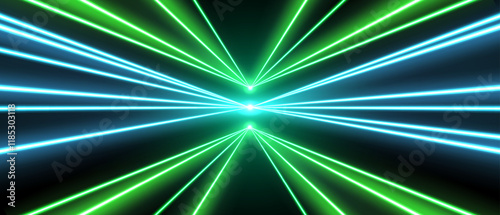 Laser rays or beams, glowing neon lines, bright futuristic background. Motion or speed light effect. Concert or nightclub spotlights. Vector illustration.