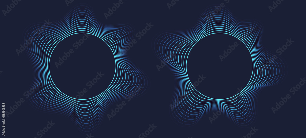 Round sound wave frames, circular lines pattern, radial curvy shapes, geometric concentric design. Vector illustration.