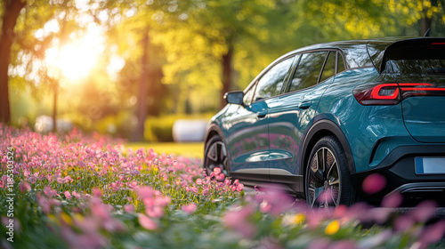 Electric Car in Spring Meadow - Sunny Day