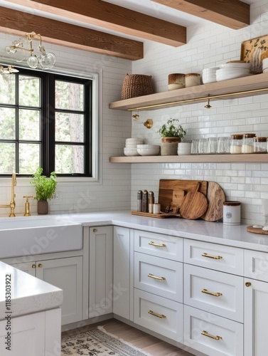 Bright Kitchen With White Cabinets And Wood Beams