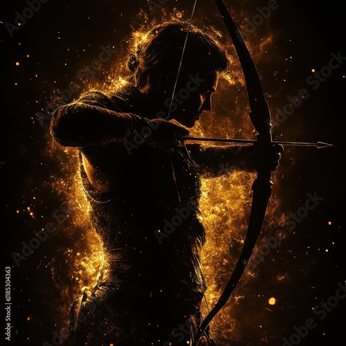 Archer Silhouette in Motion with Bow and Arrow Against Black Background