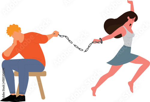 Woman breaking the chain, freeing herself from an abusive relationship, flat designer