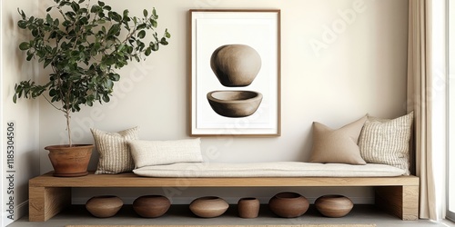 Minimalist entryway, wooden console table, potted olive tree, neutral tones, textured wall, framed abstract art, zen atmosphere, earthy colors, clean lines, Japanese wabi-sabi aesthetic, natural mater