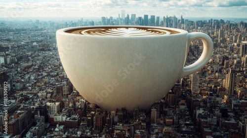Giant Coffee Cup Overlooking Cityscape
