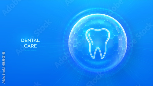 Dental protection. Dental care. Dentistry. Teeth care. Dental insurance and servises. Tooth icon inside protection sphere dome shield with hexagon pattern on blue background. Vector illustration.