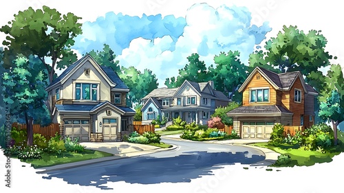 Watercolor illustration of a picturesque suburban street scene with charming houses, lush greenery, and a sunny sky.