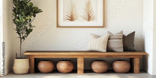 Minimalist entryway, wooden console table, potted olive tree, neutral tones, textured wall, framed abstract art, zen atmosphere, earthy colors, clean lines, Japanese wabi-sabi aesthetic, natural mater