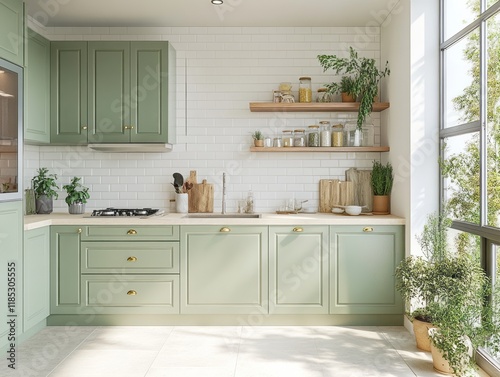 Wallpaper Mural Sage Green Kitchen Cabinets With Wooden Shelves and Plants Torontodigital.ca