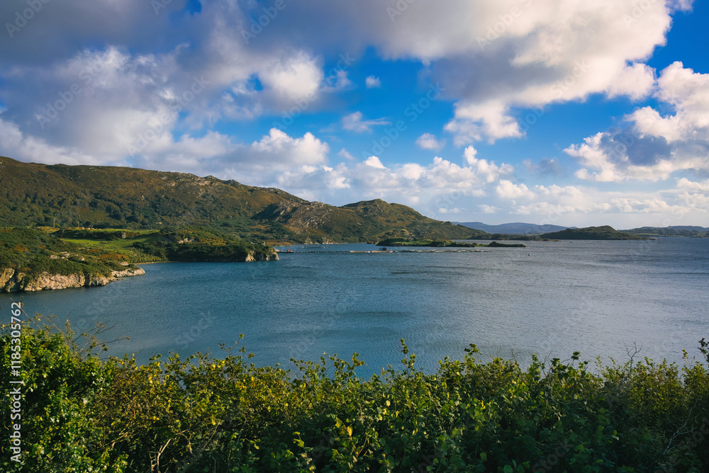 Donegal Ireland - A stunning and scenic view of a tranquil coastline enriched with vibrant greenery and calm, serene waters Donegal Ireland - A stunning and scenic view of a tranquil coastline enriched with vibrant greenery and calm, serene waters