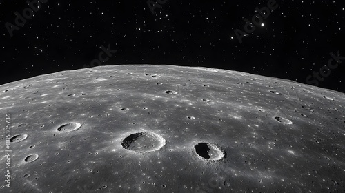 Lunar Surface Cratered Landscape Against Starry Sky photo