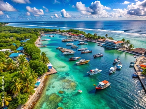 Maldives Fuvahmulah Harbour: Aerial View of Tropical Fishing Boats & Waves photo