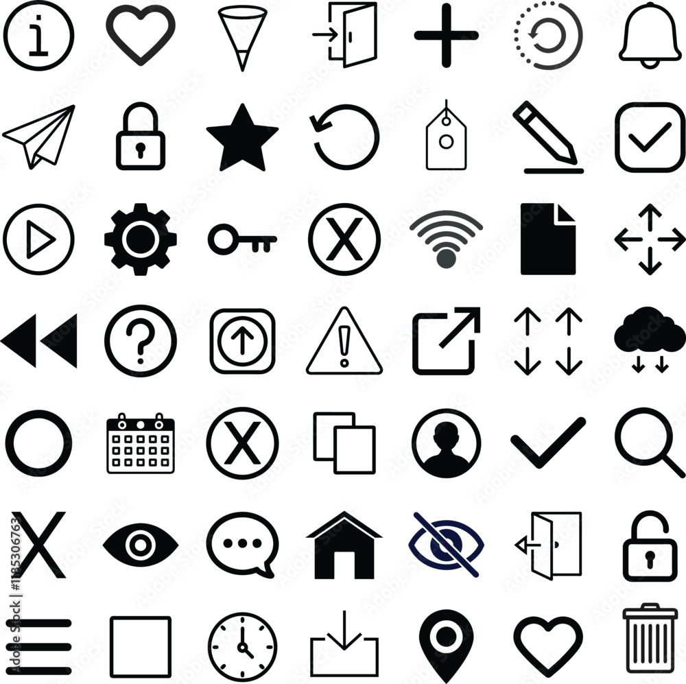 Minimalistic Black and White Vector Icon Sheet with Navigation Notification Home Search Settings and Profile Symbols for Interface Design