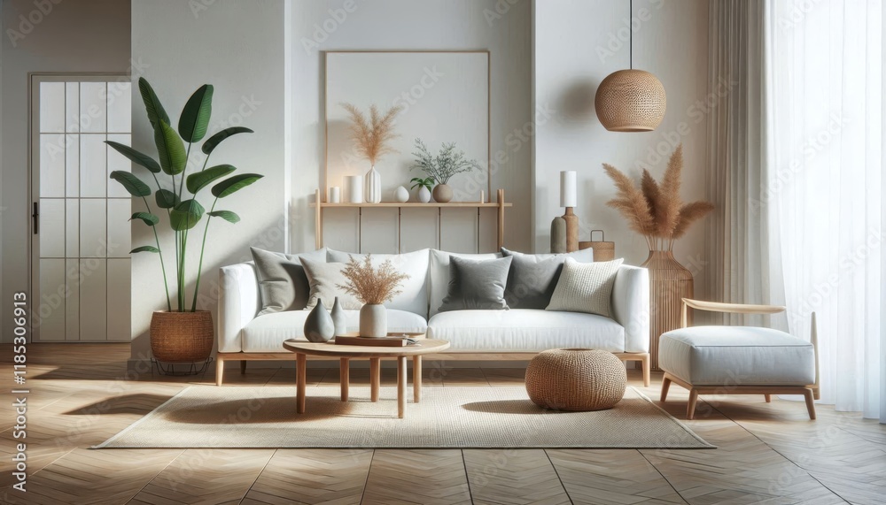 Scandinavian living room, minimalist white sofa, round wooden coffee table, large potted plants, beige armchair, framed botanical prints, natural light, hardwood floors, neutral color palette, cozy in Scandinavian living room, minimalist white sofa, round wooden coffee table, large potted plants, beige armchair, framed botanical prints, natural light, hardwood floors, neutral color palette, cozy in