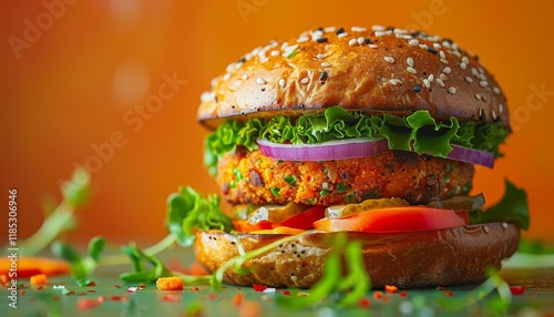 Close-up of a delicious veggie burger with lettuce, tomato, onion, and pickles on a sesame seed bun.