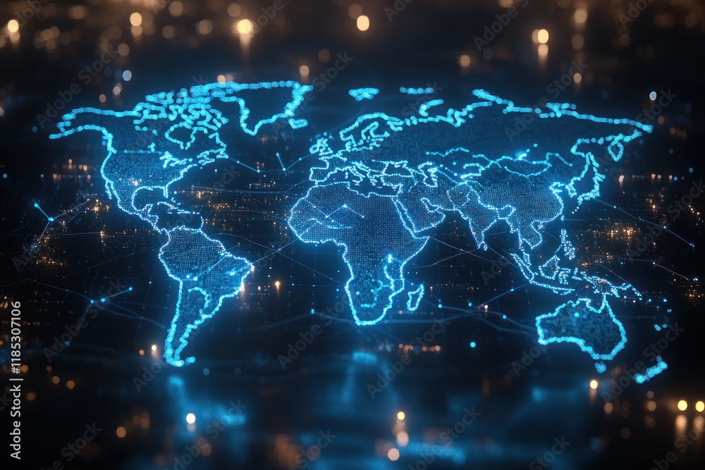Futuristic Blue Glowing World Map with Global Network Connections and Cyber Technology Visualization Futuristic Blue Glowing World Map with Global Network Connections and Cyber Technology Visualization