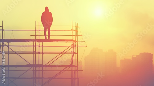 Solitary Figure on Scaffolding at Dawn Over Cityscape