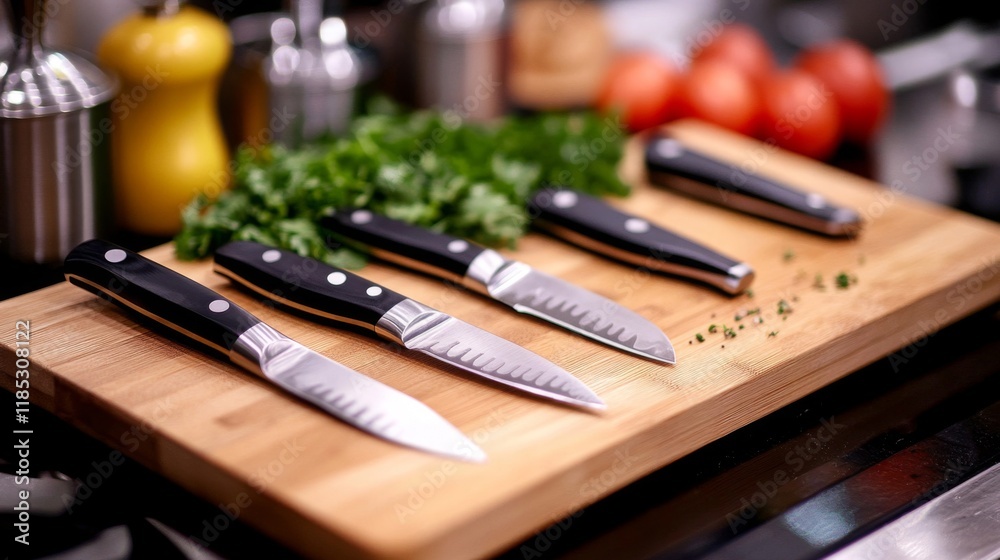 Four sharp kitchen knives on a wooden cutting board Four sharp kitchen knives on a wooden cutting board