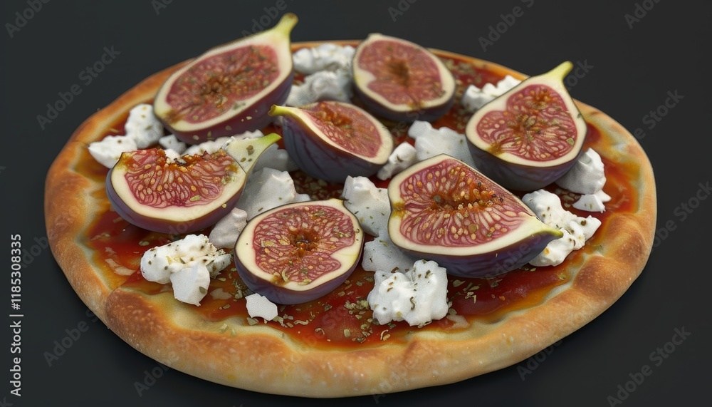 A delicious pizza topped with fresh figs, goat cheese, and a sweet sauce. A delicious pizza topped with fresh figs, goat cheese, and a sweet sauce.