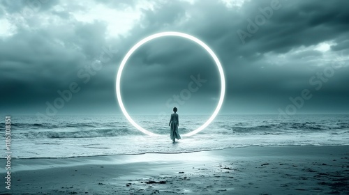 Woman Walking Towards a Glowing Circle on a Beach.