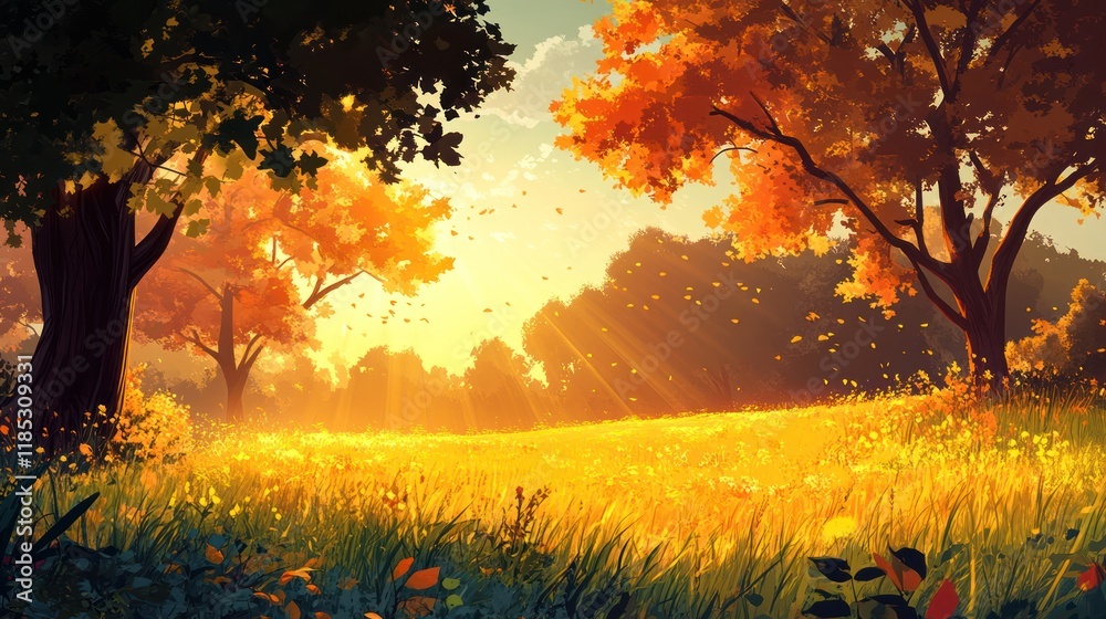 Golden autumn sunset in a field with trees.