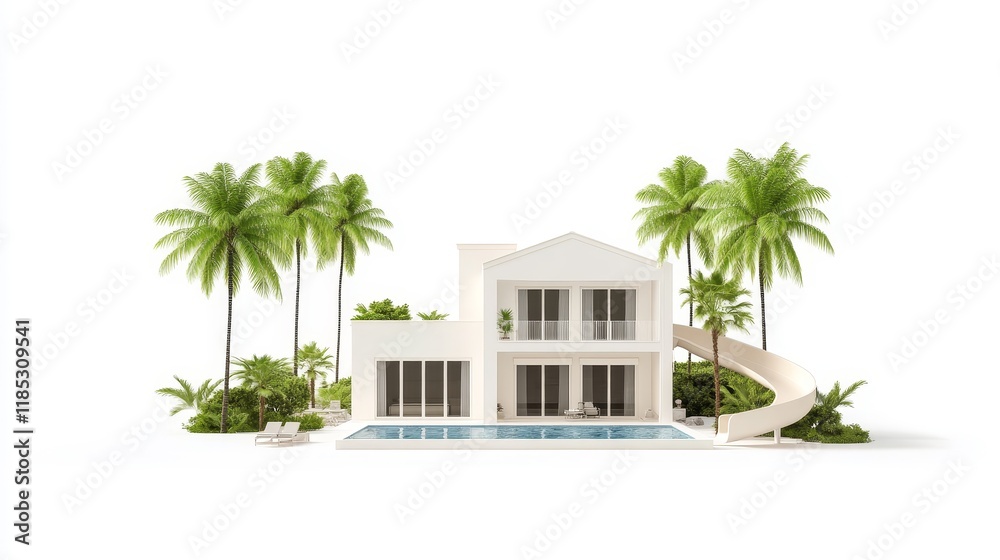 Fototapeta premium Elegant Modern Villa Surrounded by Lush Greenery and Tropical Palm Trees with a Serene Pool Area Ideal for Relaxation and Luxury Living