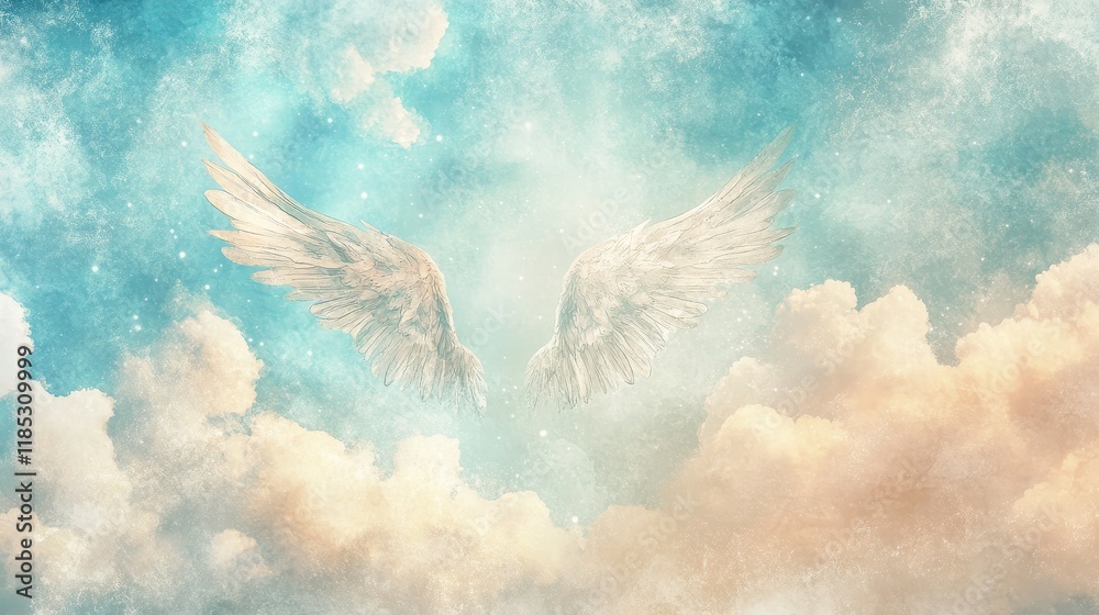 Fototapeta premium Angelic Wings Soaring Through Heavenly Clouds