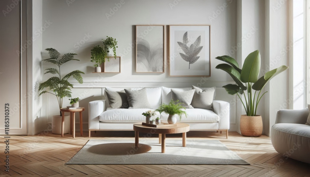 Naklejka premium Scandinavian living room, minimalist white sofa, round wooden coffee table, large potted plants, beige armchair, framed botanical prints, natural light, hardwood floors, neutral color palette, cozy in