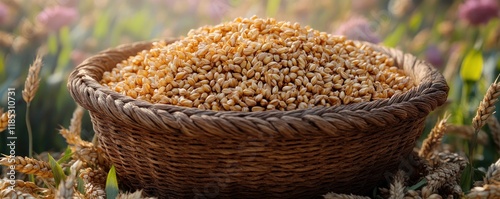 Harvest Celebration with a Basket of Wheat Ears in a Field on a Summer Autumn Day photo