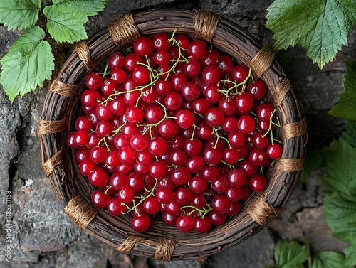 Red currants in a wicker basket, nature background, still life, food photography, stock image photo