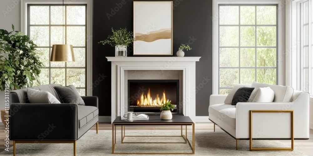 Fototapeta premium modern minimalist living room, sleek fireplace, white walls, black accent wall, contemporary furniture, glass coffee table, pendant light, potted plant, monochrome palette, large windows, natural ligh