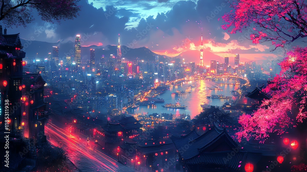 Fototapeta premium Night Cityscape: Asian Metropolis with Dreamy Pink Blossoms