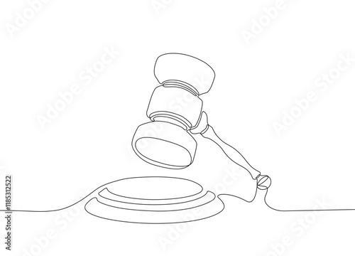 Continuous one line hand drawn of justice hammer isolated on white background, Gavel of a judge vector illustration line art, Editable stroke