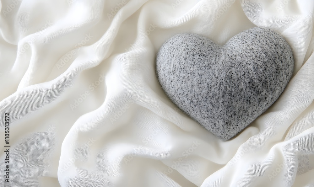 Fototapeta premium Gray stone heart on white fabric.