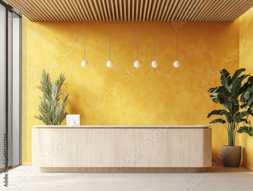 Modern minimalist reception area with yellow wall and wooden ceiling