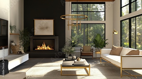 Wallpaper Mural modern minimalist living room, sleek fireplace, white walls, black accent wall, contemporary furniture, glass coffee table, pendant light, potted plant, monochrome palette, large windows, natural ligh Torontodigital.ca